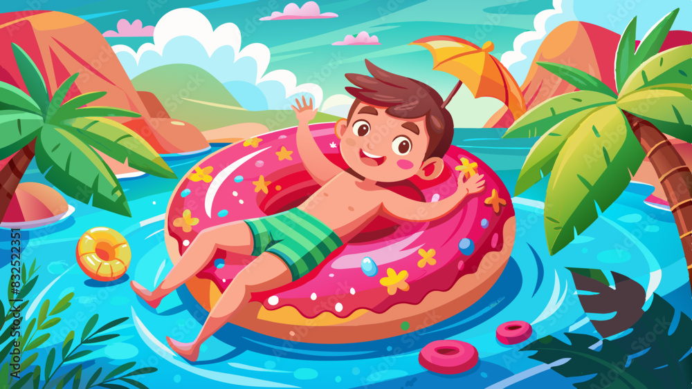 Boy in red swimsuit lying in an inflatable pink donut in the pool on a sunny summer day
