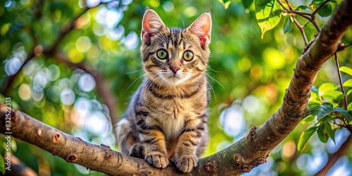 of a cute cat sitting on a tree branch photo