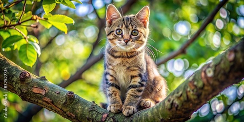 of a cute cat sitting on a tree branch photo