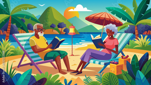 African-American and adult woman reading books while relaxing on the beach loungers. 