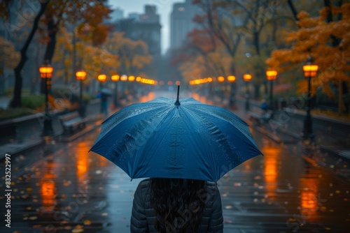 A solitary individual stands facing away  holding a blue umbrella amidst a rain-soaked park with autumn leaves