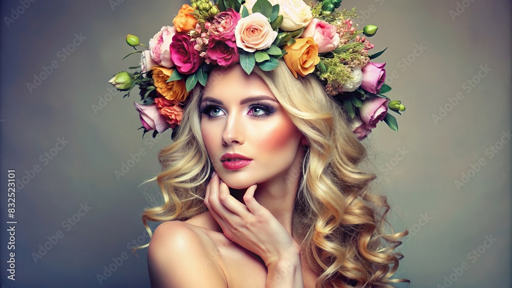 Fashionable blonde woman with flowers in her hair