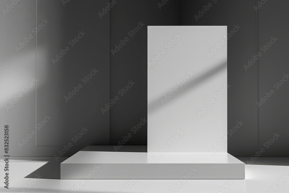 Minimalistic white podium with shadows in a modern, clean environment. Perfect for product showcase, exhibitions, and artistic presentations. Minimalistic white podium with shadows in a modern, clean environment. Perfect for product showcase, exhibitions, and artistic presentations.