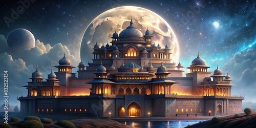 Moonlit palace with intricate architecture overlooking the moon