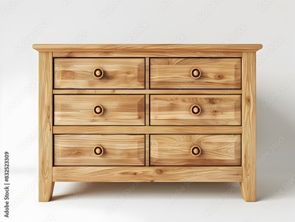 D Rendered Wooden Dresser with Drawers on White Background