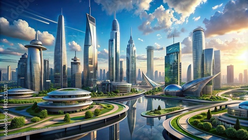 Futuristic cityscape with advanced architecture and technology photo