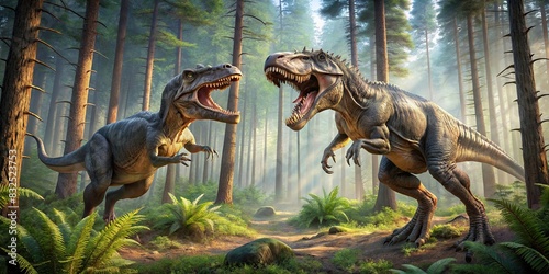 Two tyrannosaurus rex fighting in a dense pine forest