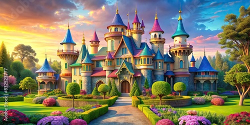 Fairy tale inspired princess castle with turrets and colorful roofs in a lush garden setting photo
