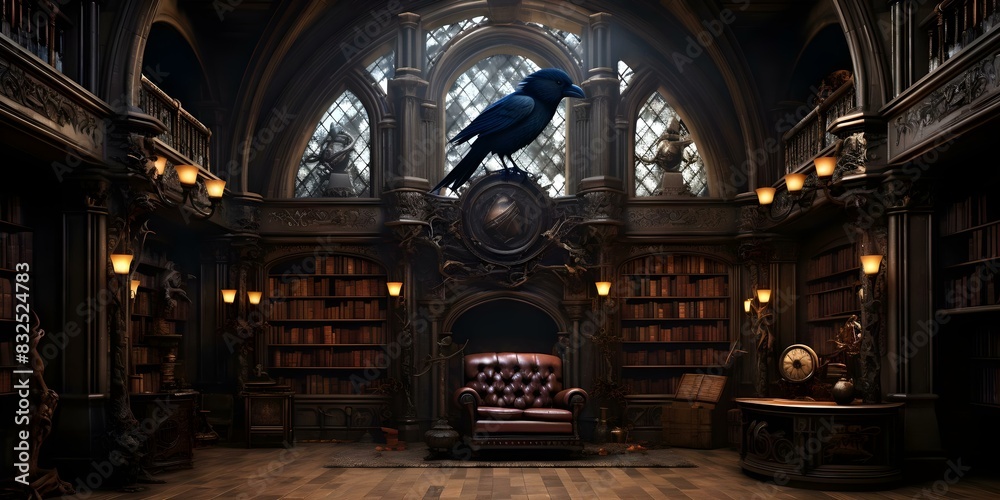 Library with Raven Murals and Mysterious Poems in an Unknown Language. Concept Library,Mural Art,Poetry,Mystery,Unknown Language