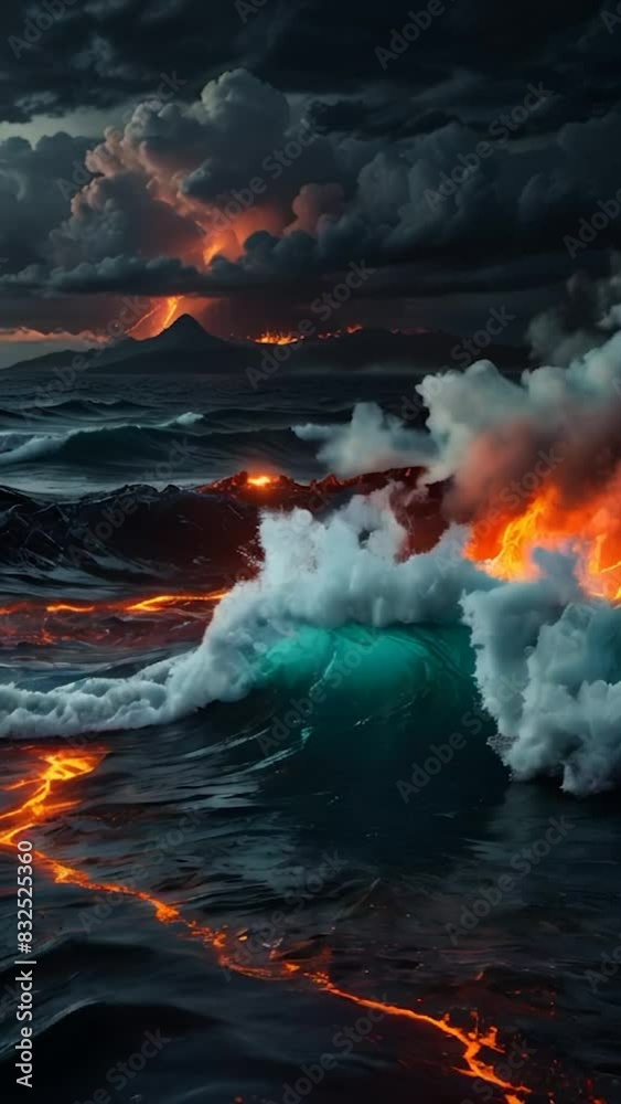 Fire in the Sea, Dark Mood at Night Ocean, using generative ai Fire in the Sea, Dark Mood at Night Ocean, using generative ai