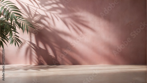 Dusty Rose Wall Leaf Shadows: A muted dusty rose wall and floor with delicate leaf shadows, ideal for a soft and elegant product presentation.
