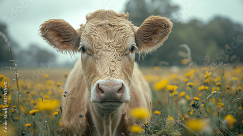 In an agriculture illustration, a cow stands in a large field with lush grass and watered flowers. Portrait.