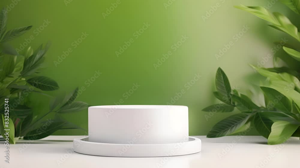 An attractive pastel background with a white and beige cylindrical pedestal adorned with green leaves in 3D An attractive pastel background with a white and beige cylindrical pedestal adorned with green leaves in 3D