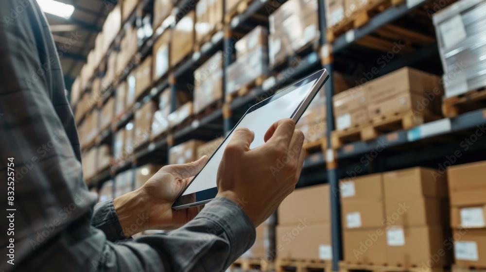 Fototapeta premium A closeup of an IT professional updating global logistics software on a high-resolution tablet