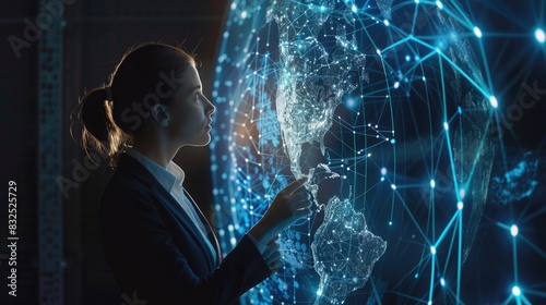 A businesswoman examining a holographic 3D model of a global supply chain network