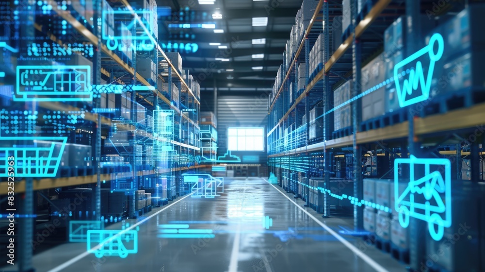 A realistic 4K image of an international warehouse with digital inventory management systems A realistic 4K image of an international warehouse with digital inventory management systems