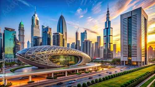 Futuristic Dubai museum on Sheikh Zayed Road designed by architect Shaun Killa. Cityscape skyline view photo
