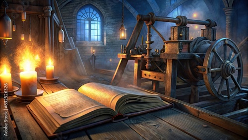 A close-up of a history textbook page about the invention of the printing press with an illustrated picture of a printing press, glowing softly in the background photo