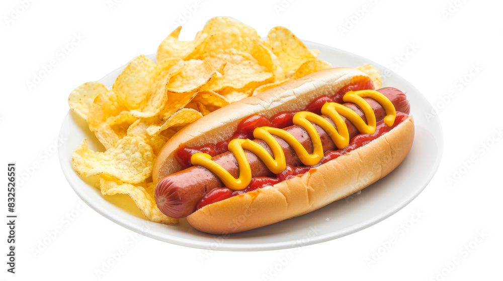 Plate of Hotdog with Mustard and Potato Chips Plate of Hotdog with Mustard and Potato Chips