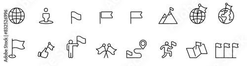 Achievement flags icon set of achieving the highest goal leadership, striving for victory banner business concept vector line icon on white background