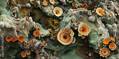 Filthy Fungal Infestation: Detailed microscopy of a filthy environment with fungal infestations, colored in moldy greens, moldy oranges, and decaying browns photo