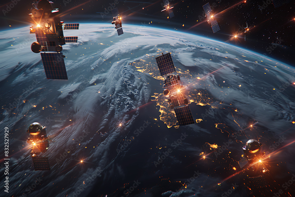 A network of satellites orbiting around a digital Earth, showcasing global connectivity and technological advancement. A network of satellites orbiting around a digital Earth, showcasing global connectivity and technological advancement.