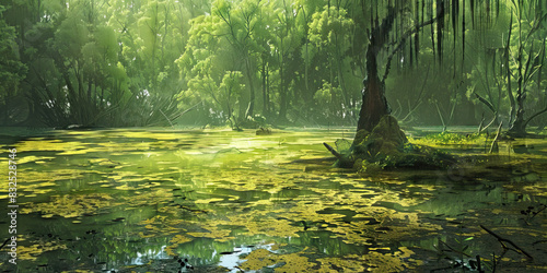 Squalid Sludge Swamp: High-resolution view of a squalid and slimy swamp environment, colored in murky greens, slimy yellows, and dirty browns
