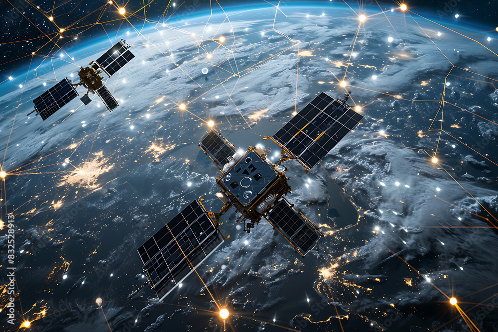 A network of satellites orbiting around a digital Earth, showcasing global connectivity and technological advancement. A network of satellites orbiting around a digital Earth, showcasing global connectivity and technological advancement.