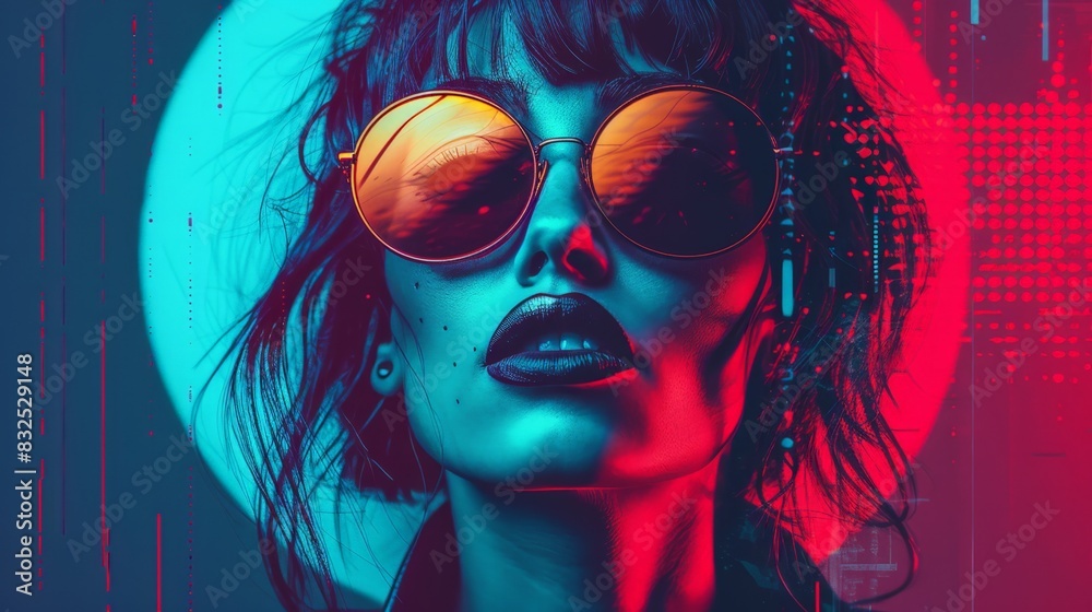 Retro futuristic poster with 80s and 90s high fashion aesthetic. Grunge noise Creative Mixed media collage. Stylish vintage backdrop, grunge graphic design style. Retro futuristic poster with 80s and 90s high fashion aesthetic. Grunge noise Creative Mixed media collage. Stylish vintage backdrop, grunge graphic design style.