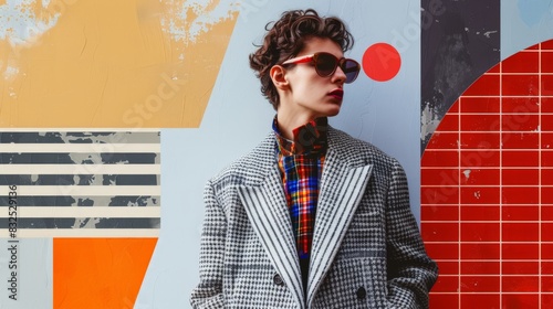 Retro futuristic poster with 80s and 90s high fashion aesthetic. Grunge noise Creative Mixed media collage. Stylish vintage backdrop, grunge graphic design style.