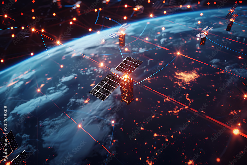 A network of satellites orbiting around a digital Earth, showcasing global connectivity and technological advancement. A network of satellites orbiting around a digital Earth, showcasing global connectivity and technological advancement.