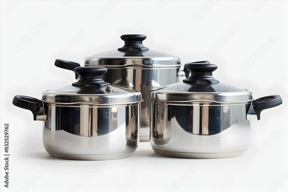 A set of stainless steel cooking pots on a white background showcasing essential kitchen cookware A set of stainless steel cooking pots on a white background showcasing essential kitchen cookware