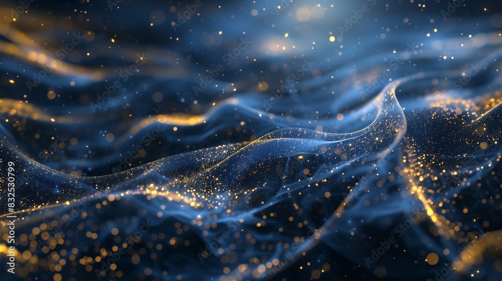 Dark blue and gold particles swirling in an abstract, ethereal background Dark blue and gold particles swirling in an abstract, ethereal background