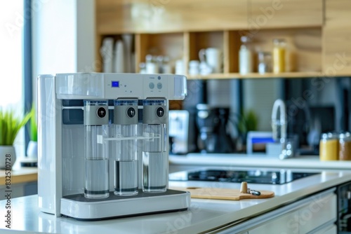 A white coffee maker placed on a countertop. Ideal for kitchen and home appliance concepts