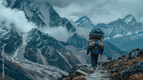 A man with a backpack hiking up a mountain. Suitable for outdoor adventure concepts