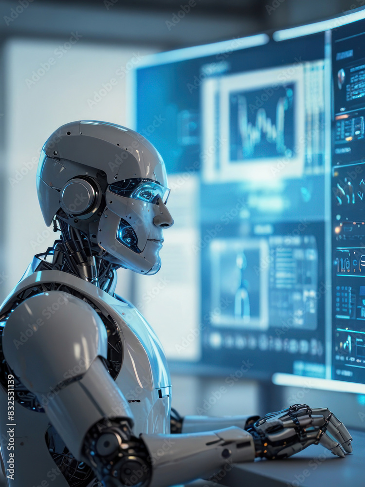 worker robot in front of transparent monitor screen with Generative AI Technology