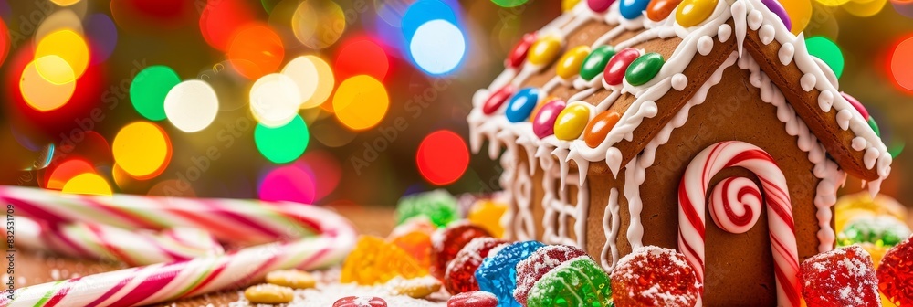 Festive gingerbread house with colorful candy and candy canes displayed on table