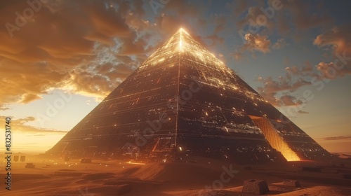 A majestic pyramid stands tall against a fiery sunset sky, casting long shadows across the desert sands.