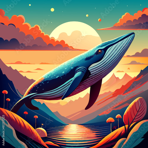 Sunset Silhouette of blue whale Leaping from Ocean Waves