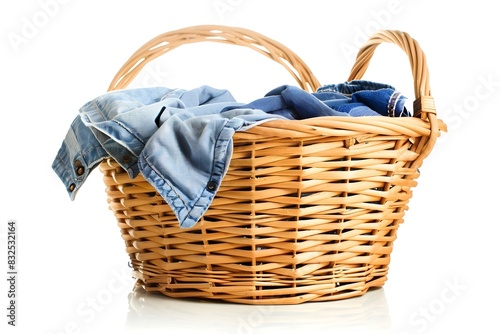 Wicker Laundry Basket Isolated on White Background with Household Textiles and Linens