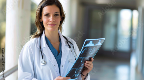 Wallpaper Mural Professional female doctor scrutinizes an x-ray film with focus, showing expertise and care in a bright hospital corridor Torontodigital.ca
