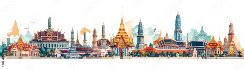 Fototapeta premium Colorful cityscape skyline with various architectural styles.