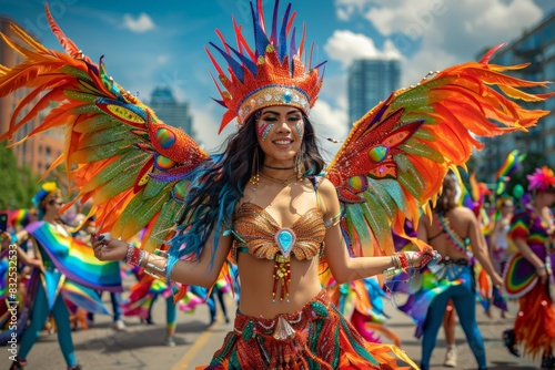 Smiling woman in elaborate carnival costume with rainbow wings, leading Pride Month parade, festive participants colorful scenery, exemplifies joyful, diverse, celebratory nature LGBTQ+ community.