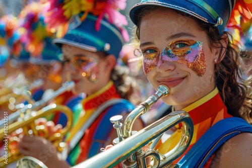 Young female trumpet player in a colorful uniform  smiling while performing at a Pride parade. Glitter face paint adds to the festive atmosphere  celebrating LGBTQ  pride with music and joy.
