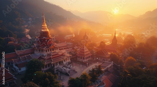 Golden sunrise illuminates a majestic temple complex nestled in misty mountains.