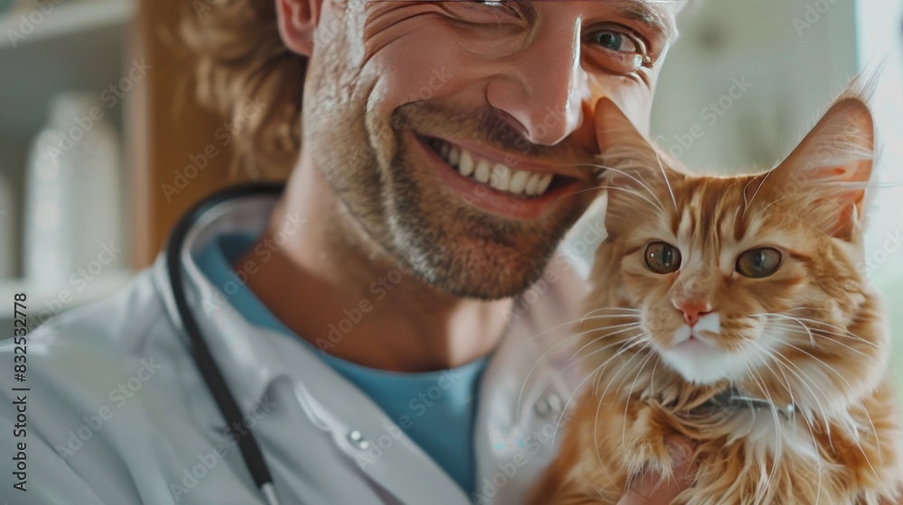 Smiling vet doctor with dog pet and fluffy cat Smiling vet doctor with dog pet and fluffy cat