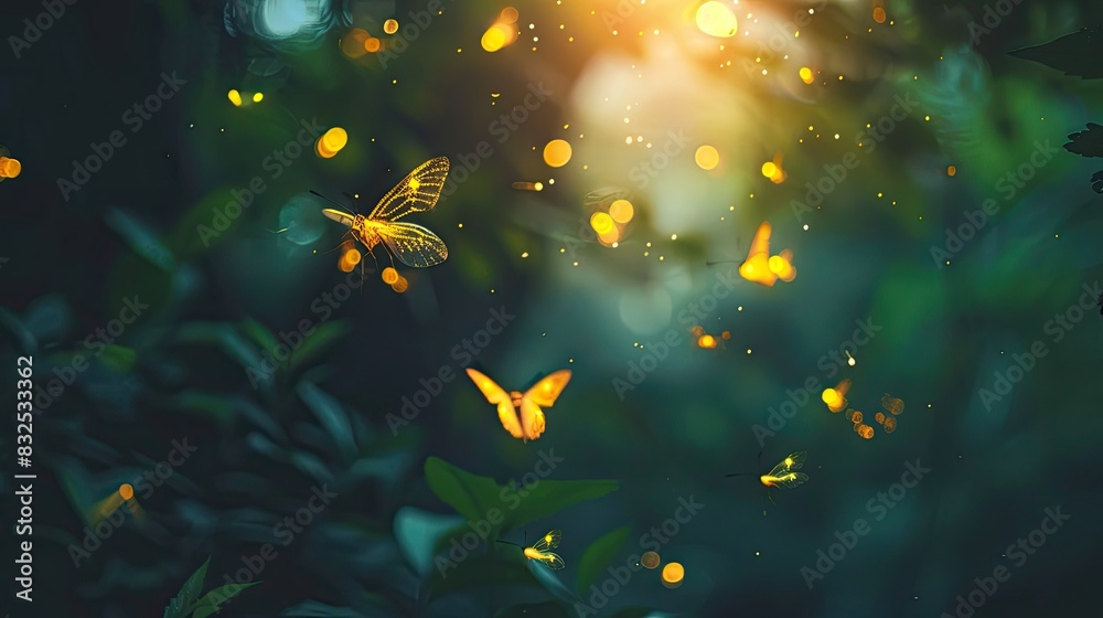 Bioluminescent insects flying around a central copy space in the woods Bioluminescent insects flying around a central copy space in the woods
