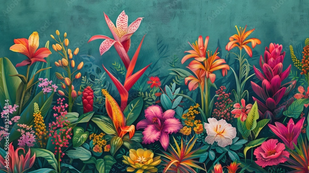 A detailed botanical illustration of exotic flowers and plants, isolated on a green background