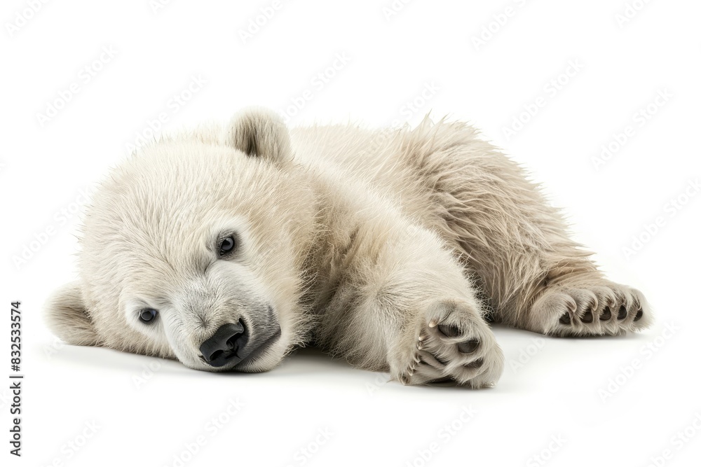Fototapeta premium Fluffy baby polar bear with a playful pose isolated on white background