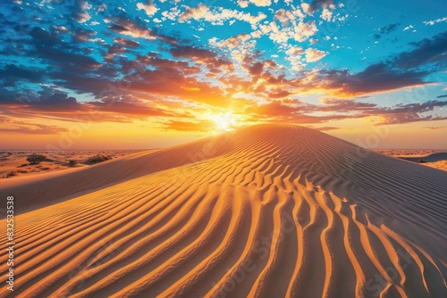 Desert landscape with dunes glowing in the light of a setting sun background